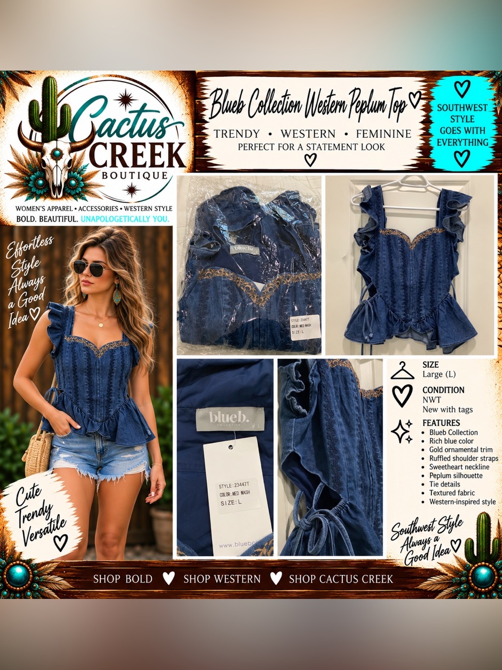 Ruffled Navy Corset Tank Top Embroidered  Sweetheart Neckline - Size L - NWT